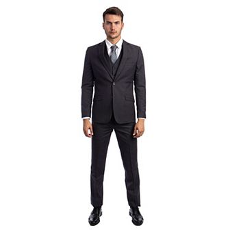 Men's 3 pc Solid Suit Set, Notch Lapel, Unhemmed-Open Bottom Dress Pants