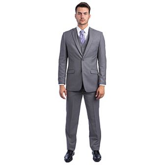 Men's 3 pc Solid Suit Set, Notch Lapel, Unhemmed-Open Bottom Dress Pants