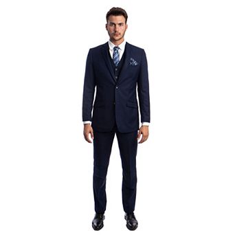 Men's 3 pc Solid Suit Set, Notch Lapel, Unhemmed-Open Bottom Dress Pants