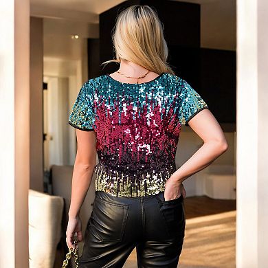 Women's Sequin Short Sleeve Sparkly Shirt Round Neck Blouse