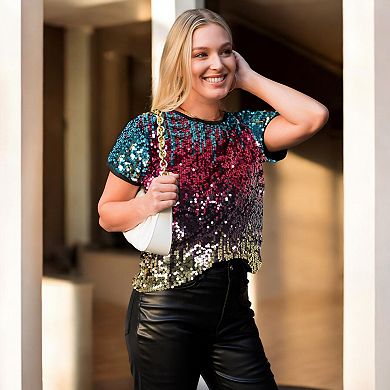 Women's Sequin Short Sleeve Sparkly Shirt Round Neck Blouse
