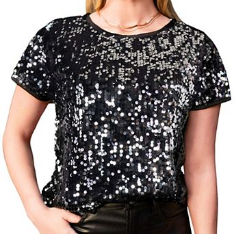 Women's Sequin Short Sleeve Sparkly Shirt Round Neck Blouse