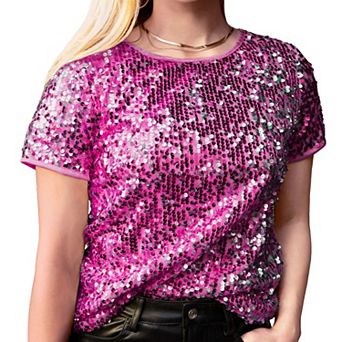 Women's Sequin Short Sleeve Sparkly Shirt Round Neck Blouse