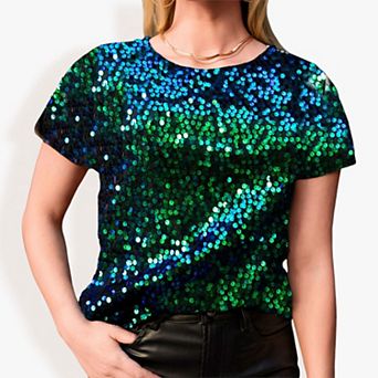 Women's Sequin Short Sleeve Sparkly Shirt Round Neck Blouse