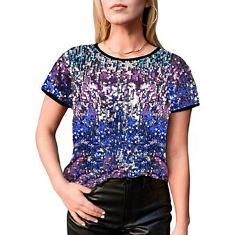 Women's Sequin Short Sleeve Sparkly Shirt Round Neck Blouse