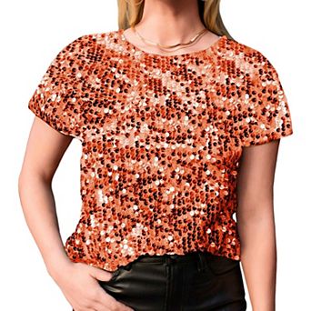 Women's Sequin Short Sleeve Sparkly Shirt Round Neck Blouse