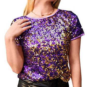 Women's Sequin Short Sleeve Sparkly Shirt Round Neck Blouse