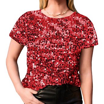 Women's Sequin Short Sleeve Sparkly Shirt Round Neck Blouse