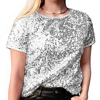 Women's Sequin Short Sleeve Sparkly Shirt Round Neck Blouse