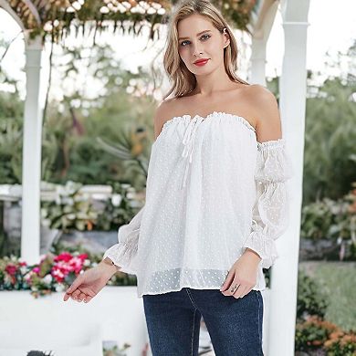 Women's Semi Sheer Boho Peasant Long Sleeve Off The Shoulder Top