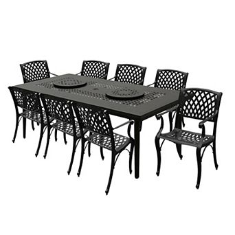 Modern Outdoor Aluminum 84 in Large Black Rectangular Patio Dining Set Lazy Susans And Eight Chairs
