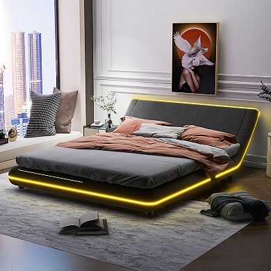Merax Upholstery Platform Bed Frame With Sloped Headboard