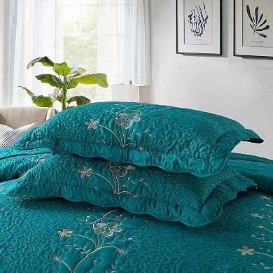 Marcielo 3 Piece Embroidery Lightweight Quilt Bedspread Bedding Coverlet Set