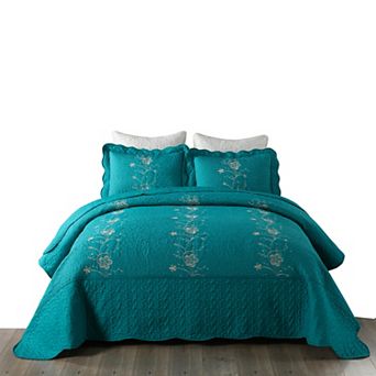 Marcielo 3 pc Embroidery Lightweight Quilt Bedspread Bedding Coverlet Set
