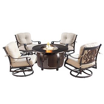 Outdoor Aluminum 44 in Round Fire Table Set With 4 Deep Seating Swivel Rocking Chairs, Accessories
