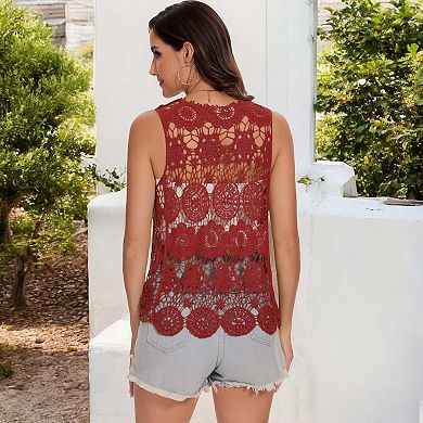 Women's Floral Crochet Open Front Vest