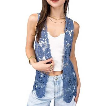 Women's Floral Crochet Open Front Vest