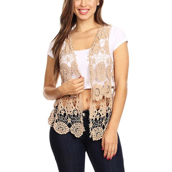 POL Tie Front Floral Pattern Crochet Vest with Scalloped Edge
