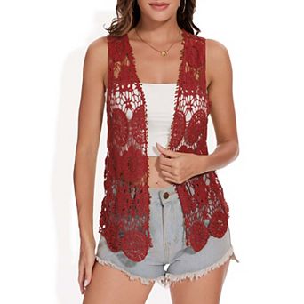 Women's Floral Crochet Open Front Vest