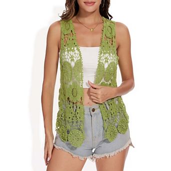 Women's Floral Crochet Open Front Vest