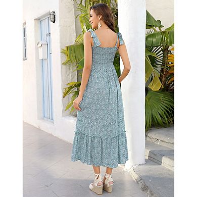 Smocked Maternity Boho Dress Casual Spaghetti Strap Ruffle Sleeveless Swing Summer Maxi Dress