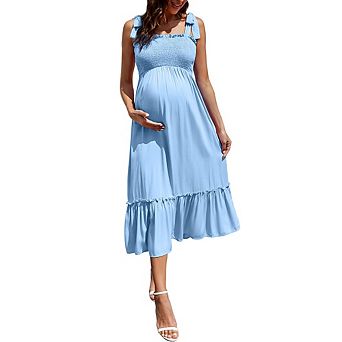 Smocked Maternity Boho Dress Casual Spaghetti Strap Ruffle Sleeveless Swing Summer Maxi Dress