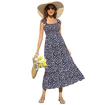 Smocked Maternity Boho Dress Casual Spaghetti Strap Ruffle Sleeveless Swing Summer Maxi Dress