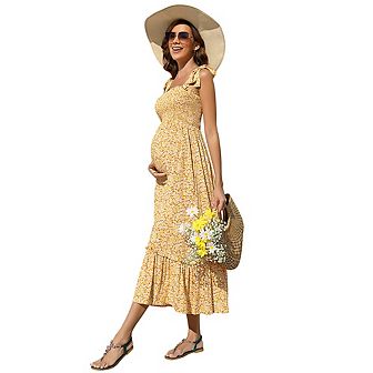 Smocked Maternity Boho Dress Casual Spaghetti Strap Ruffle Sleeveless Swing Summer Maxi Dress