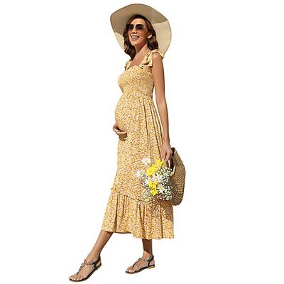 chinese dress ladies Yellow Floral V-Neck Maternity Maxi Dress – PinkBlush