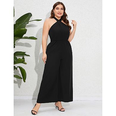 Women's Plus Size V Neck Ruffle Sleeve Belted Wide Leg Pants Summer Casual Long Jumpsuit Rompers