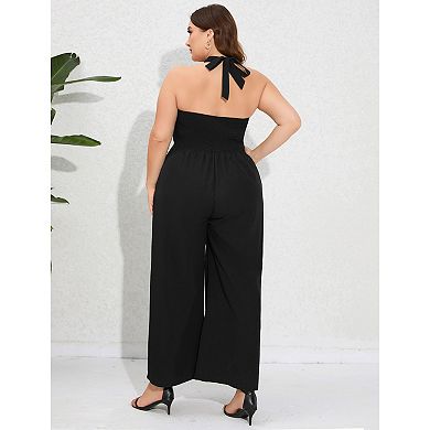 Women's Plus Size V Neck Ruffle Sleeve Belted Wide Leg Pants Summer Casual Long Jumpsuit Rompers