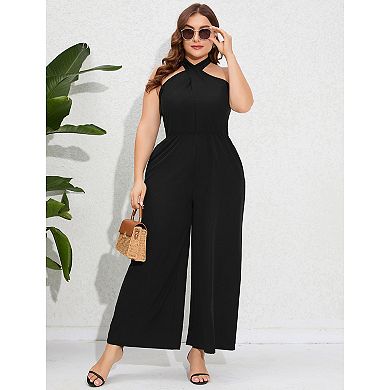 Women's Plus Size V Neck Ruffle Sleeve Belted Wide Leg Pants Summer Casual Long Jumpsuit Rompers
