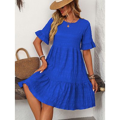 Womens Summer Spring Dresses Round Neck Short Sleeve Casual Trendy Flowy  Pleated Sundress