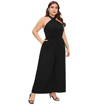 Women's Plus Size V Neck Ruffle Sleeve Belted Wide Leg Pants Summer Casual Long Jumpsuit Rompers