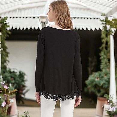 Women's Long Sleeve Lace Trim U-neck Blouse Solid Color Shirts