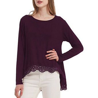Women's Long Sleeve Lace Trim U-neck Blouse Solid Color Shirts