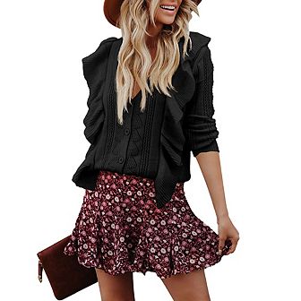 Womens Button Down Sweaters Tops Casual Long Sleeve Ruffle Knit Cardigan