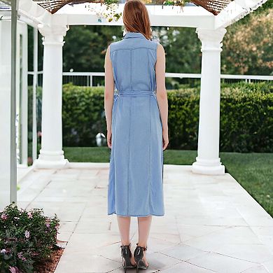 Women's Tied Waist Turn Down Collar Pocket Denim Dress