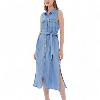 Women's Tied Waist Turn Down Collar Pocket Denim Dress