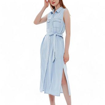 Women's Tied Waist Turn Down Collar Pocket Denim Dress
