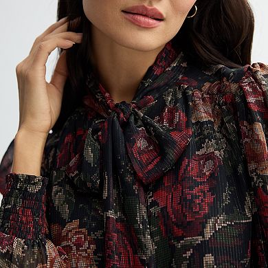 Women's Farmers Market Long Sleeve Bow Tied Neck Printed Blouse