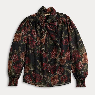 Women's Farmers Market Long Sleeve Bow Tied Neck Printed Blouse