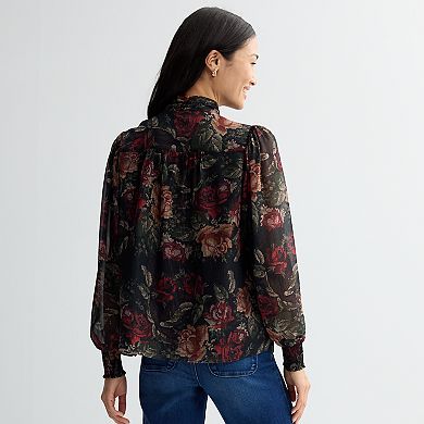 Women's Farmers Market Long Sleeve Bow Tied Neck Printed Blouse