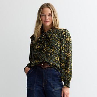 Women's Farmers Market Long Sleeve Bow Tied Neck Printed Blouse