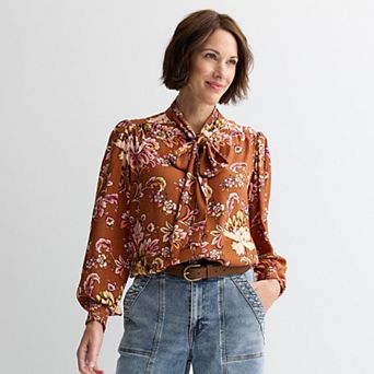 Women's Farmers Market Long Sleeve Bow Tied Neck Printed Blouse