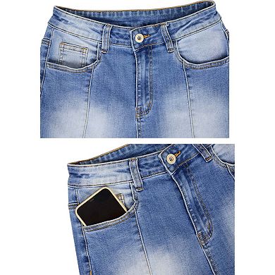 Women's Elastic Waist Distressed Flared Long Bell Bottom Denim Jeans
