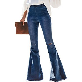 Women's Elastic Waist Distressed Flared Long Bell Bottom Denim Jeans