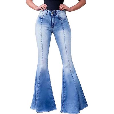 Women's Elastic Waist Distressed Flared Long Bell Bottom Denim