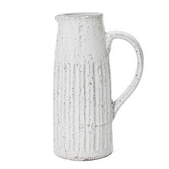 LuxenHome Vintage White Ribbed Terracotta Pitcher Vase With Handle