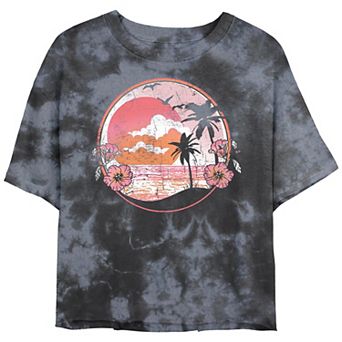 Juniors' Pink Beach Sunset Scene Cropped Graphic Tee